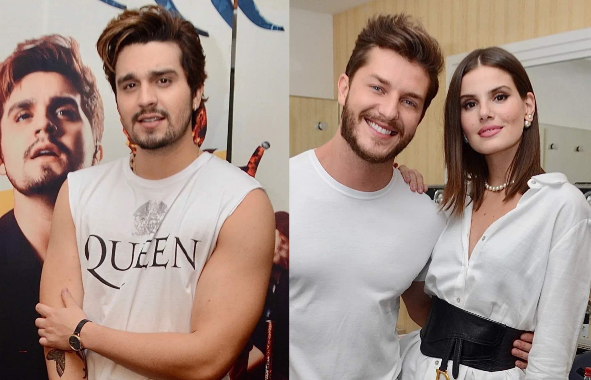Luan Santana cantando e Camila Queiroz ao seu lado no palco, durante a gravação de um DVD.