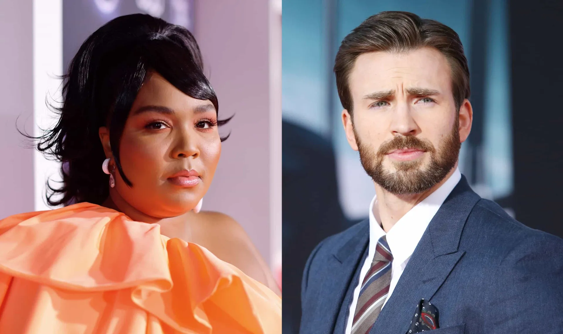 Lizzo cantando com energia e Chris Evans com seu sorriso característico.