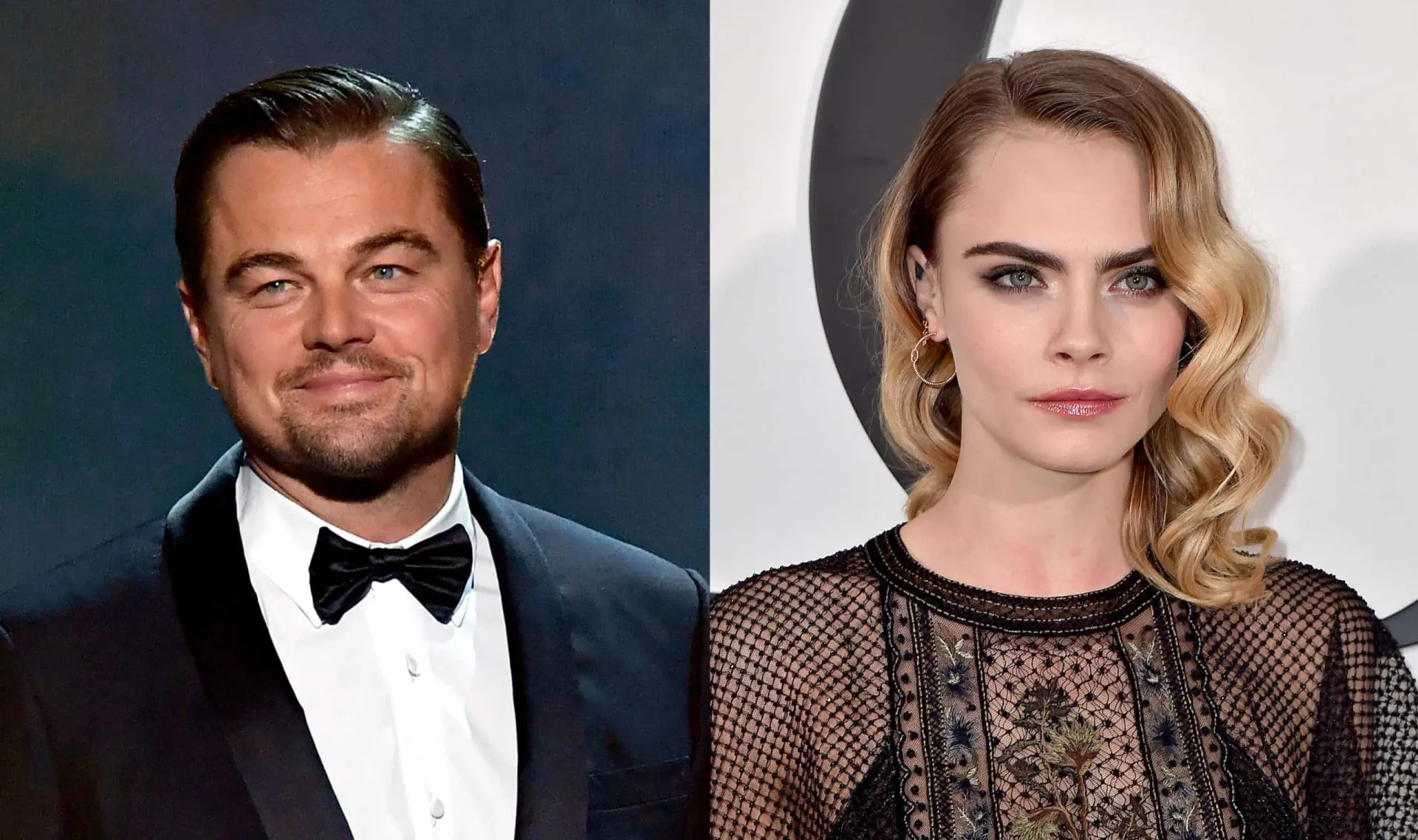 Leonardo DiCaprio com um olhar sério e Cara Delevingne com uma expressão confiante em eventos diferentes.