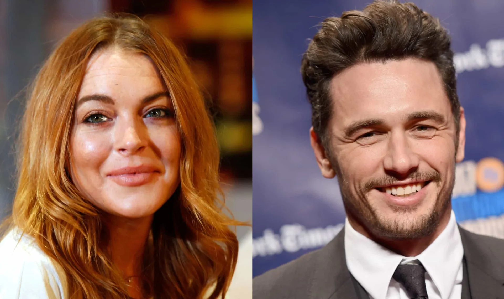 Lindsay Lohan e James Franco em fotos separadas, ambos com expressões sérias.