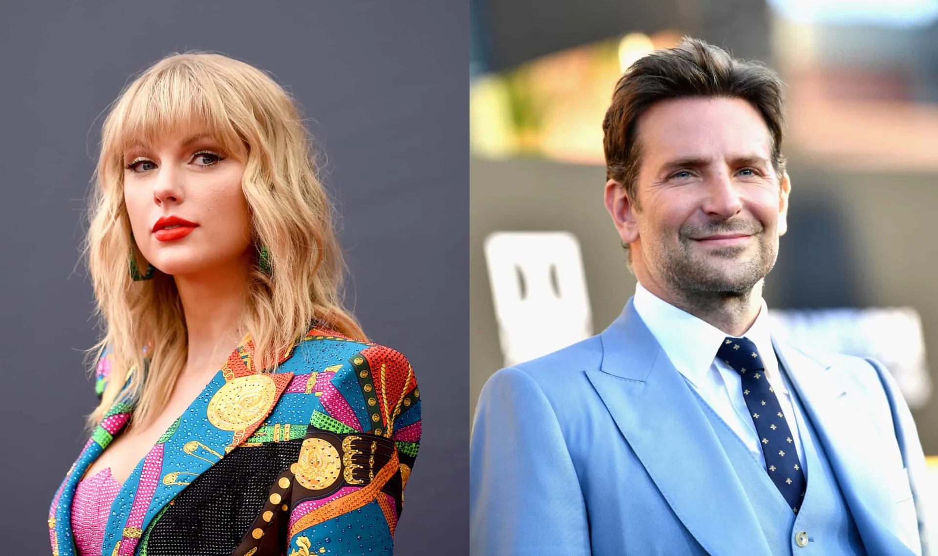 Taylor Swift cantando no palco e Bradley Cooper com um olhar intenso em um evento.