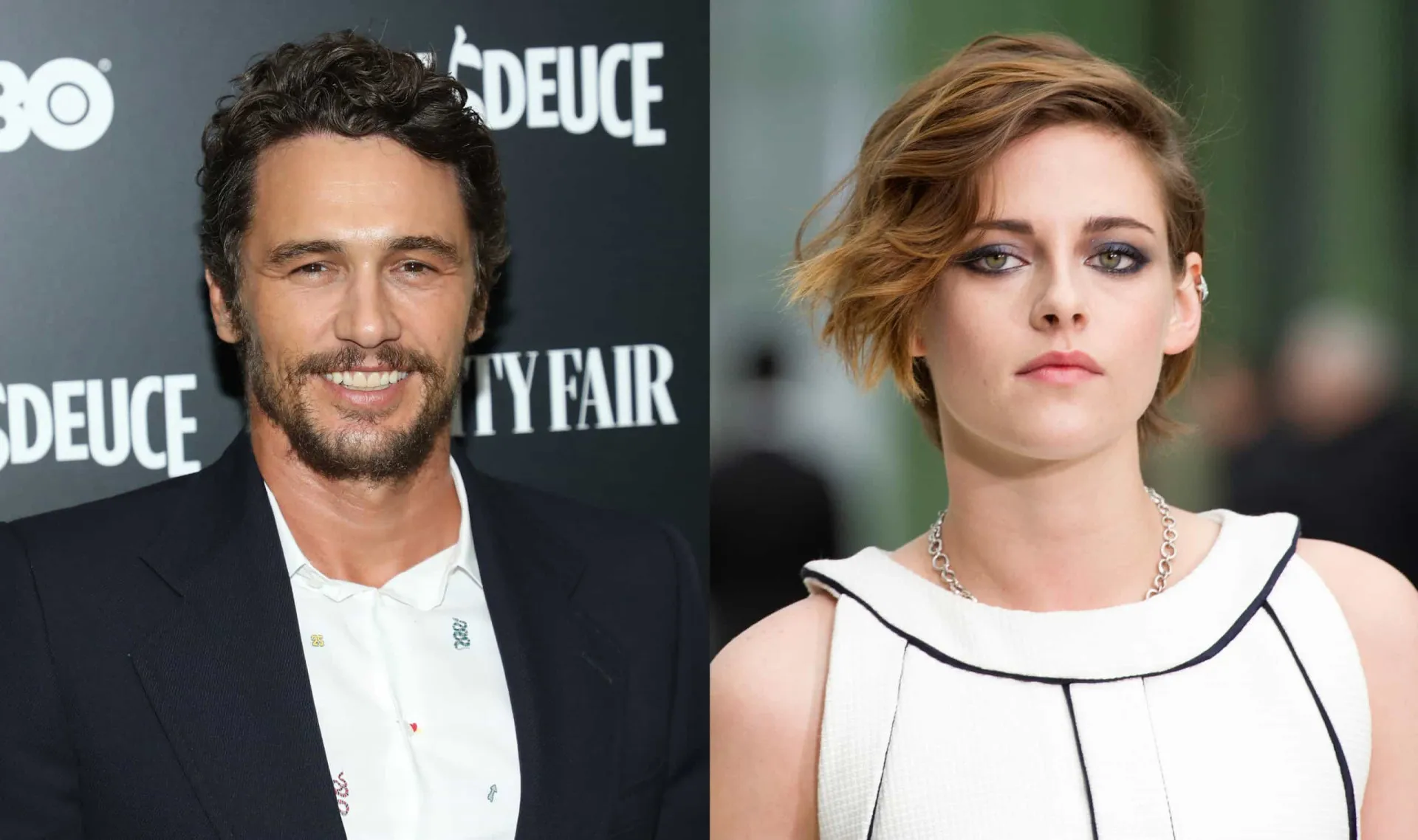James Franco com um sorriso e Kristen Stewart com um olhar intenso.