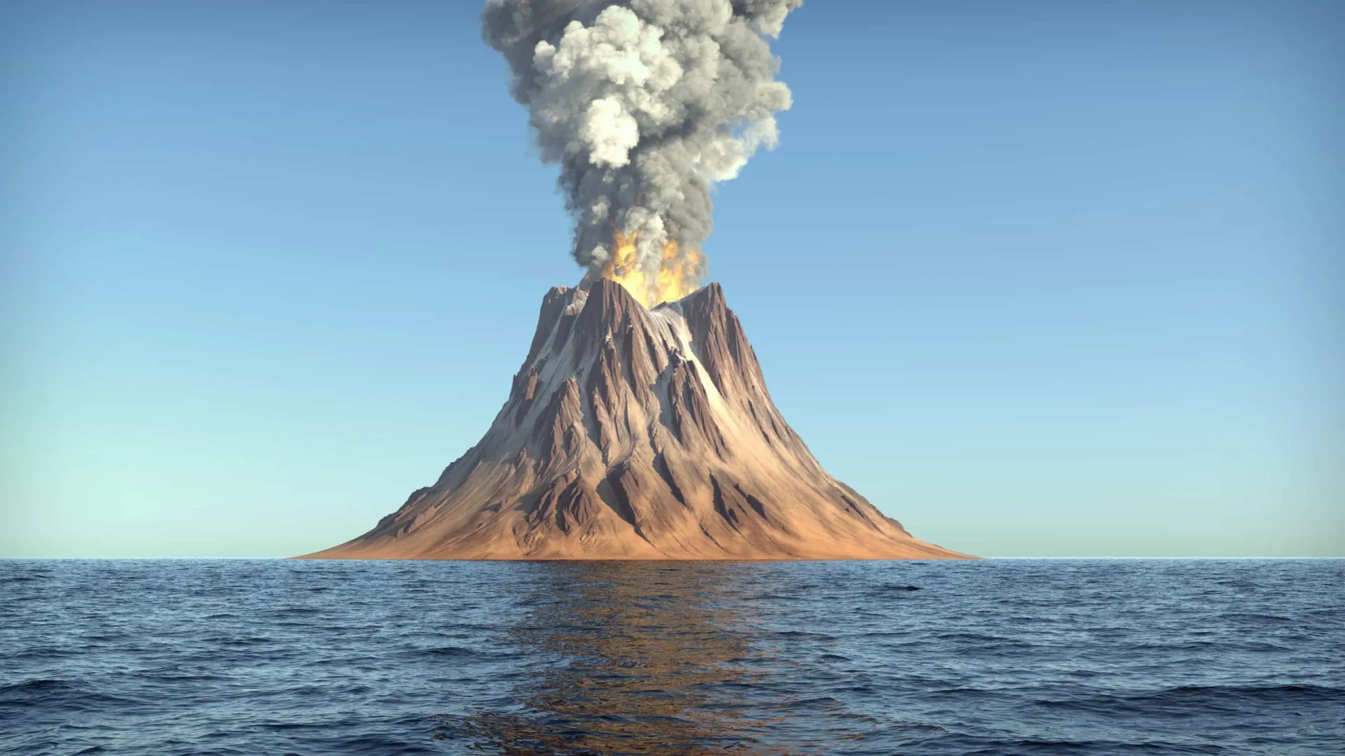 Grande erupção vulcânica expelindo cinzas e gases para a atmosfera.