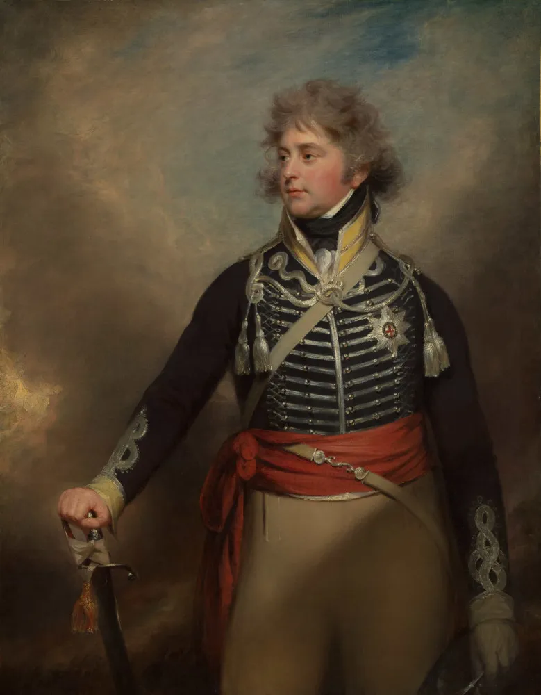 Retrato oficial de George IV, vestindo trajes reais e olhando solenemente para o lado.