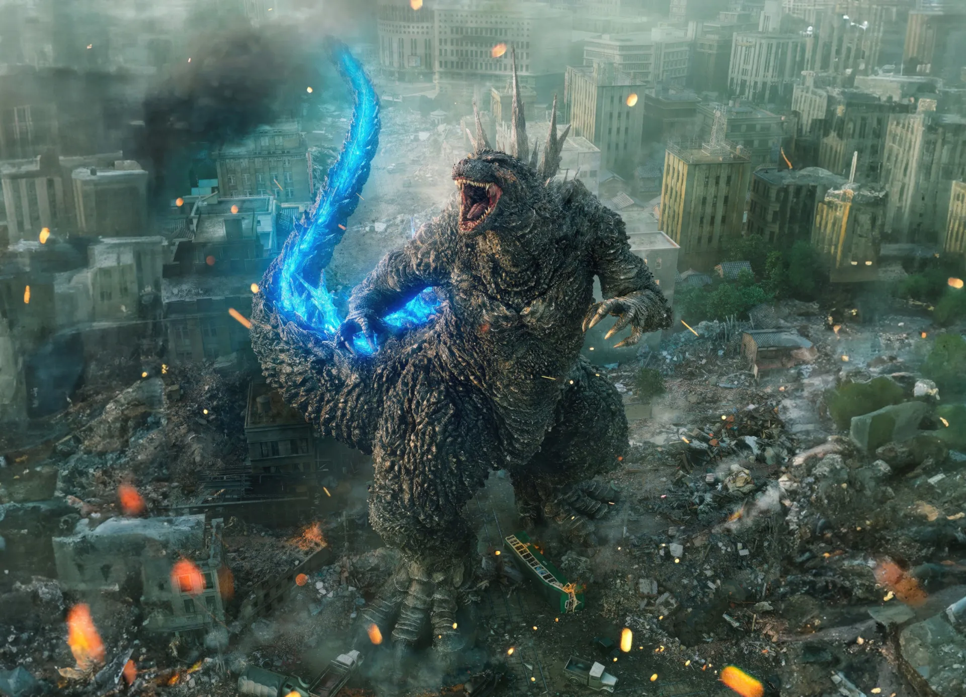 Godzilla em uma pose ameaçadora no aclamado filme 'Godzilla Minus One'.