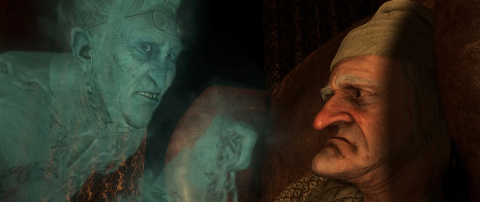 Ebenezer Scrooge, interpretado por Jim Carrey, em animação de captura de movimento no filme 'Os Fantasmas de Scrooge'.