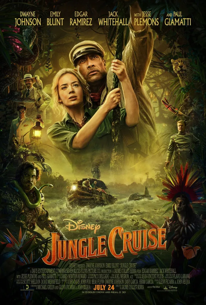 Dwayne 'The Rock' Johnson e Emily Blunt em uma cena de aventura no filme 'Jungle Cruise'.