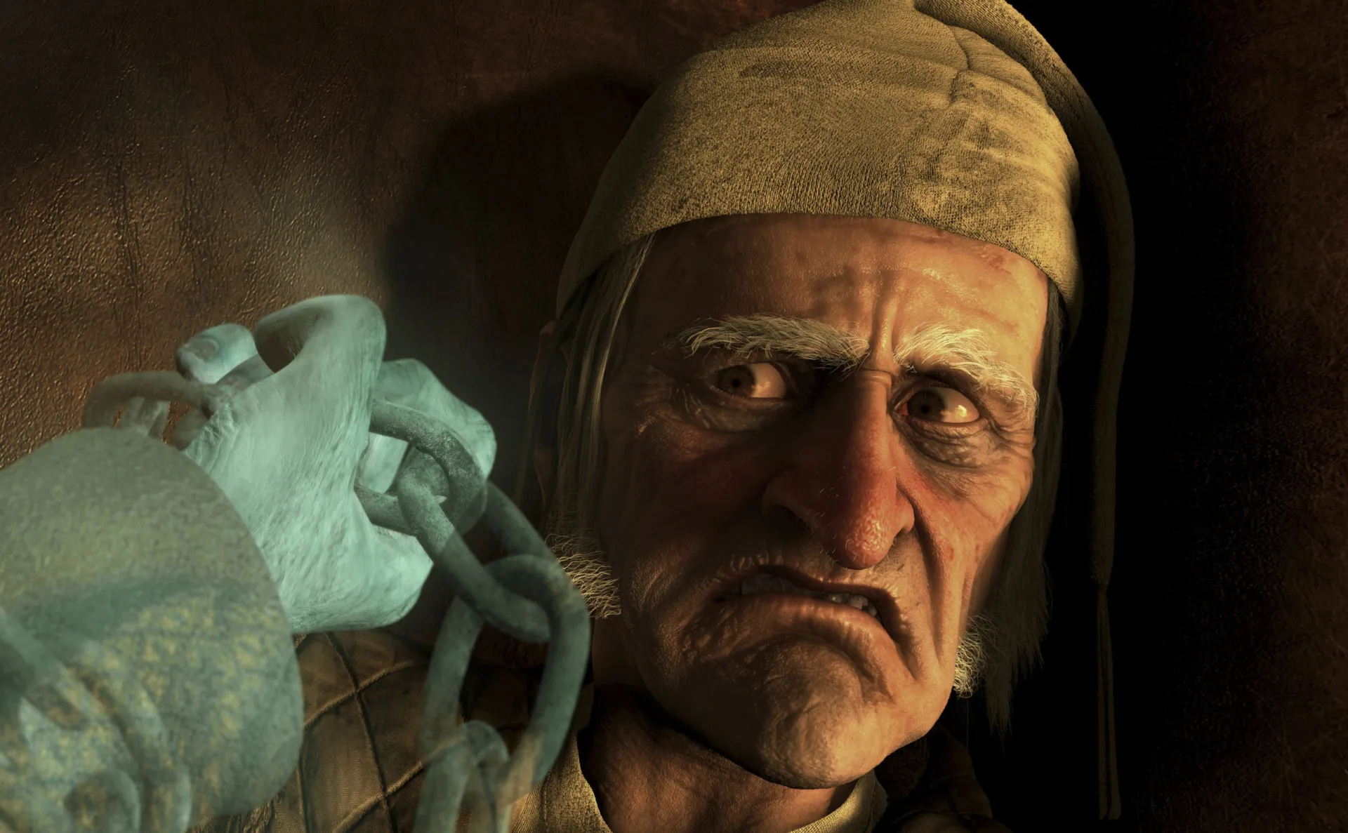 Jim Carrey em uma cena do filme 'Os Fantasmas de Scrooge', mostrando a expressividade da captura de movimento.