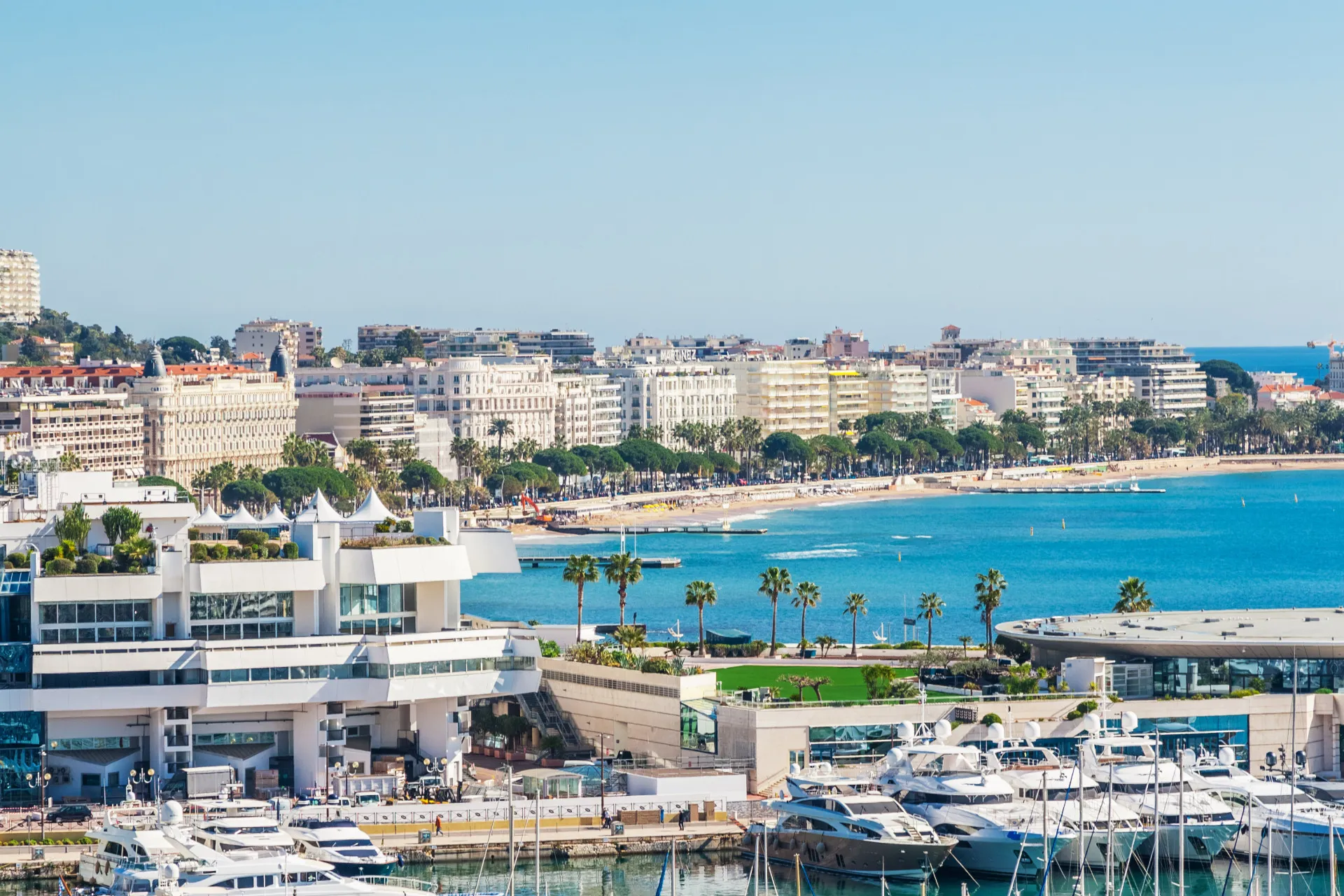 A famosa avenida Promenade de la Croisette, com palmeiras e o mar ao fundo.