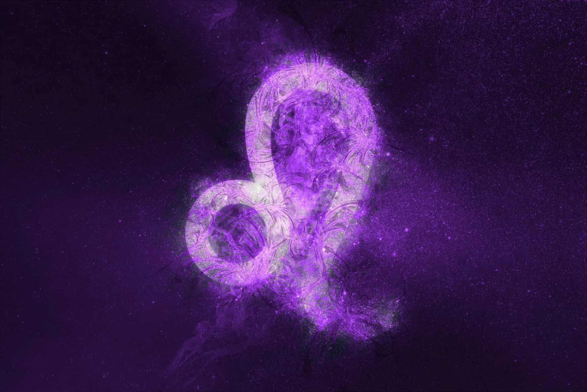 O símbolo do signo de Leão, o leão, em um fundo de constelações.