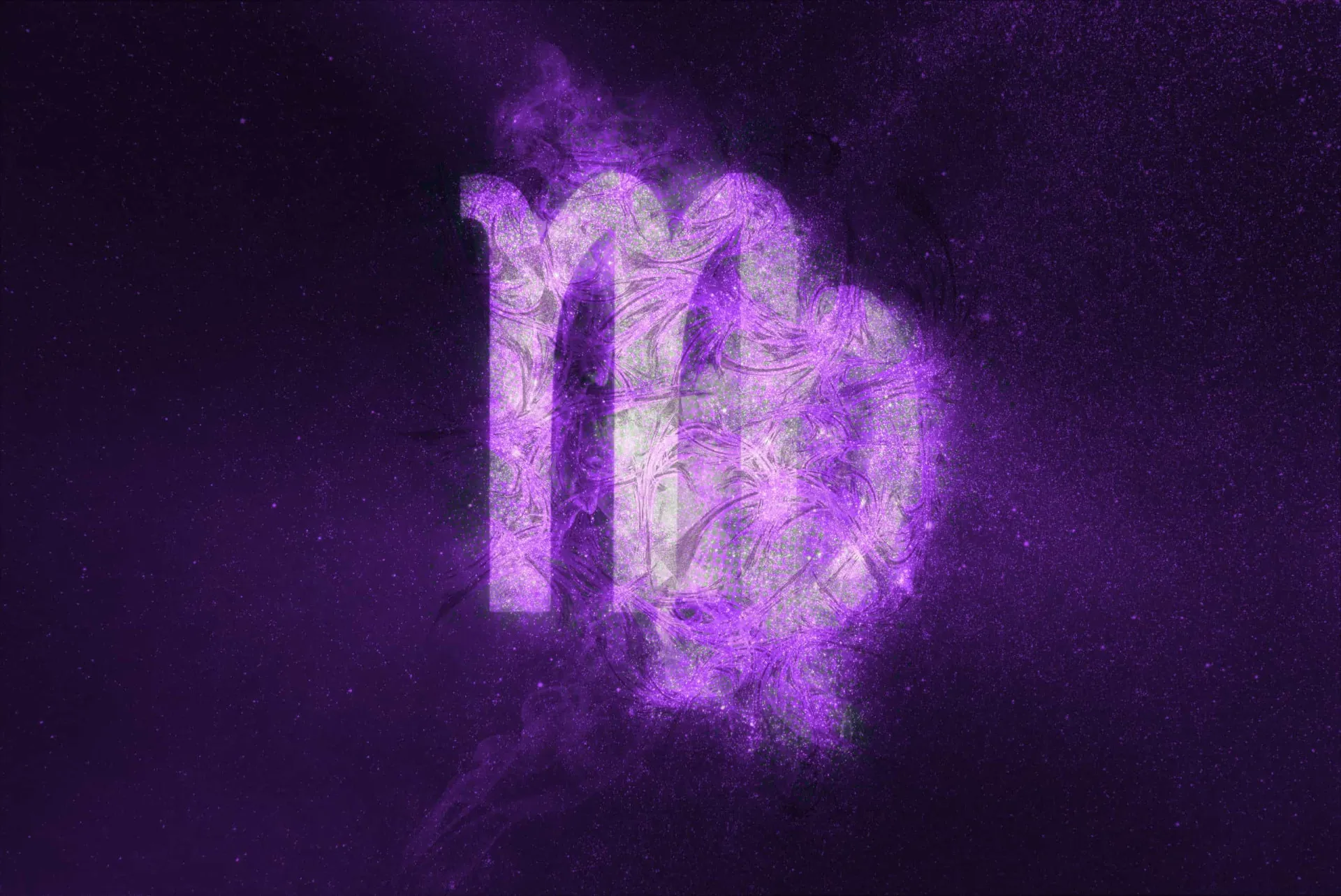 O símbolo do signo de Virgem, a virgem, em um fundo celestial detalhado.