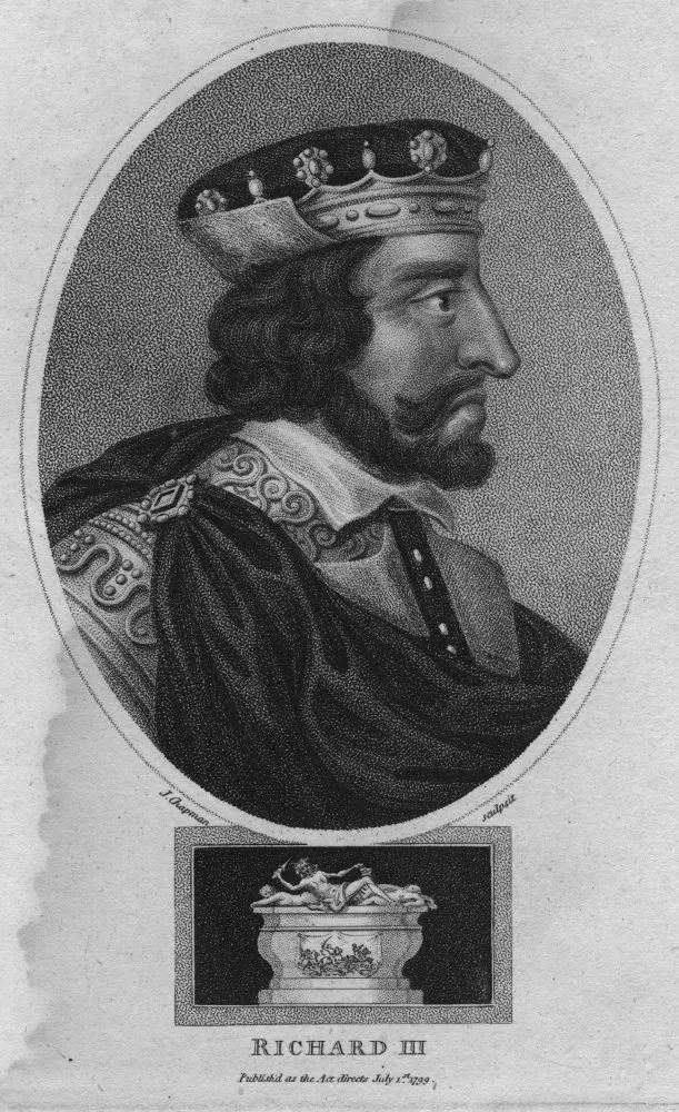 Retrato do Rei Ricardo III da Inglaterra, com uma expressão séria e vestindo trajes da realeza.