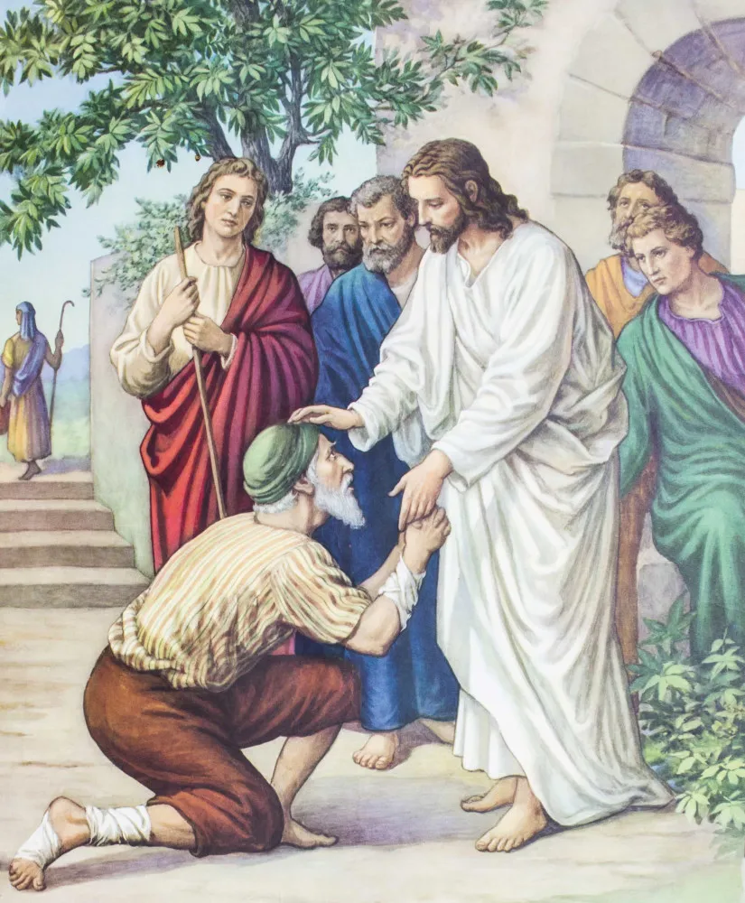Pintura renascentista depicting Jesus curando um doente através da imposição das mãos.