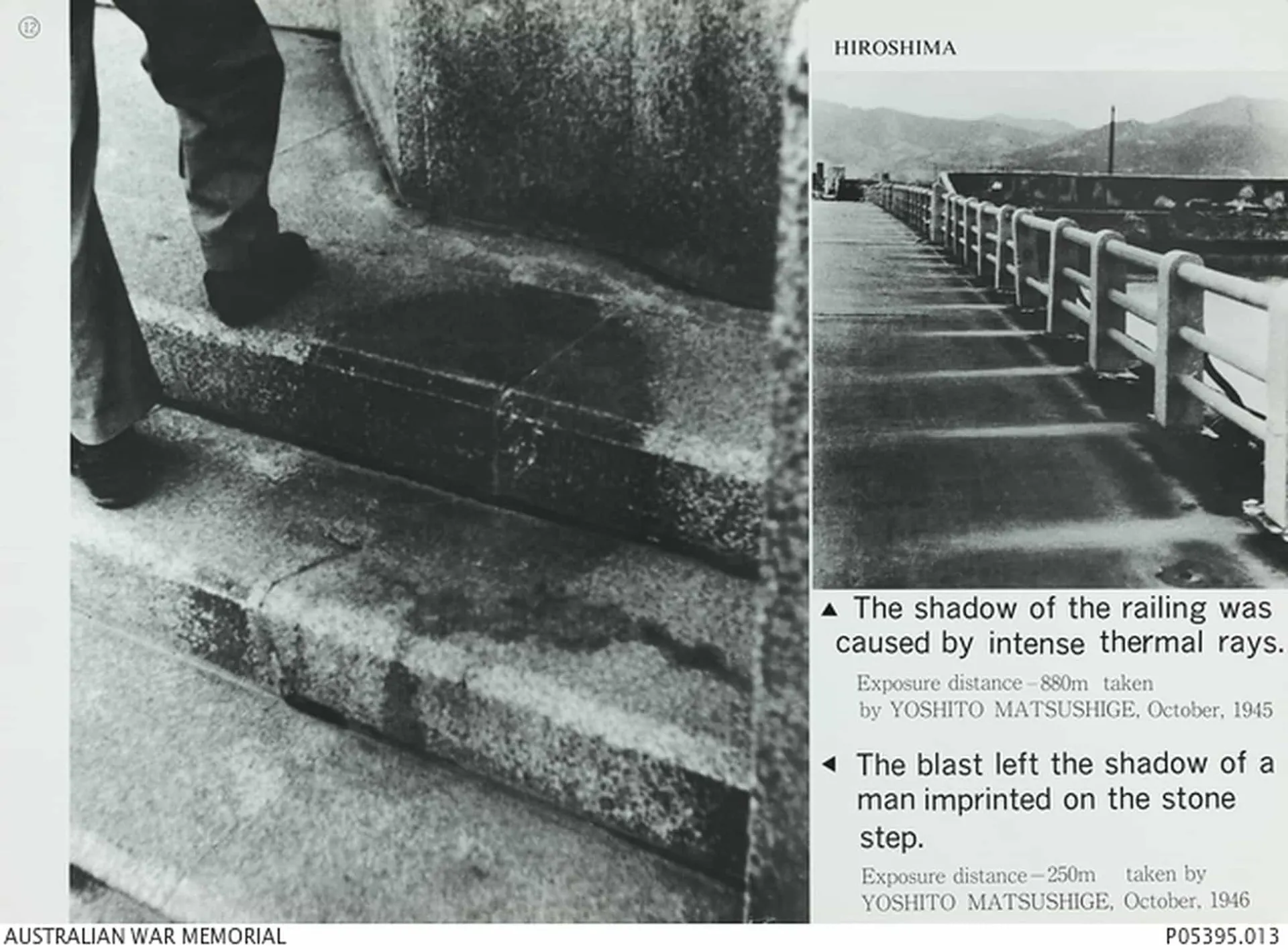A 'sombra' de uma pessoa e uma escada gravada permanentemente em um degrau de pedra em Hiroshima.