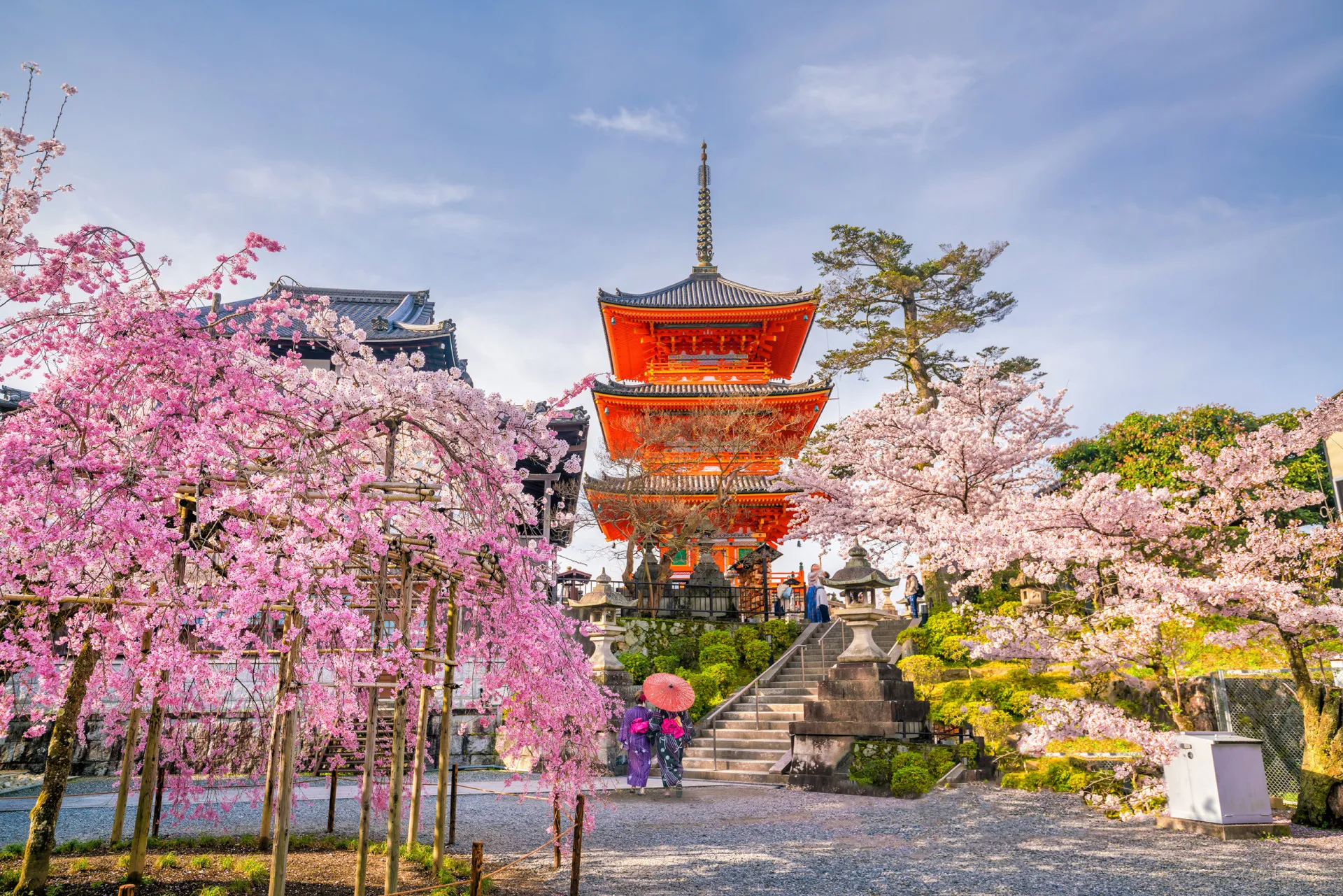 Templo japonês tradicional em Kyoto, com sua arquitetura de madeira e telhados curvos, cercado por natureza.