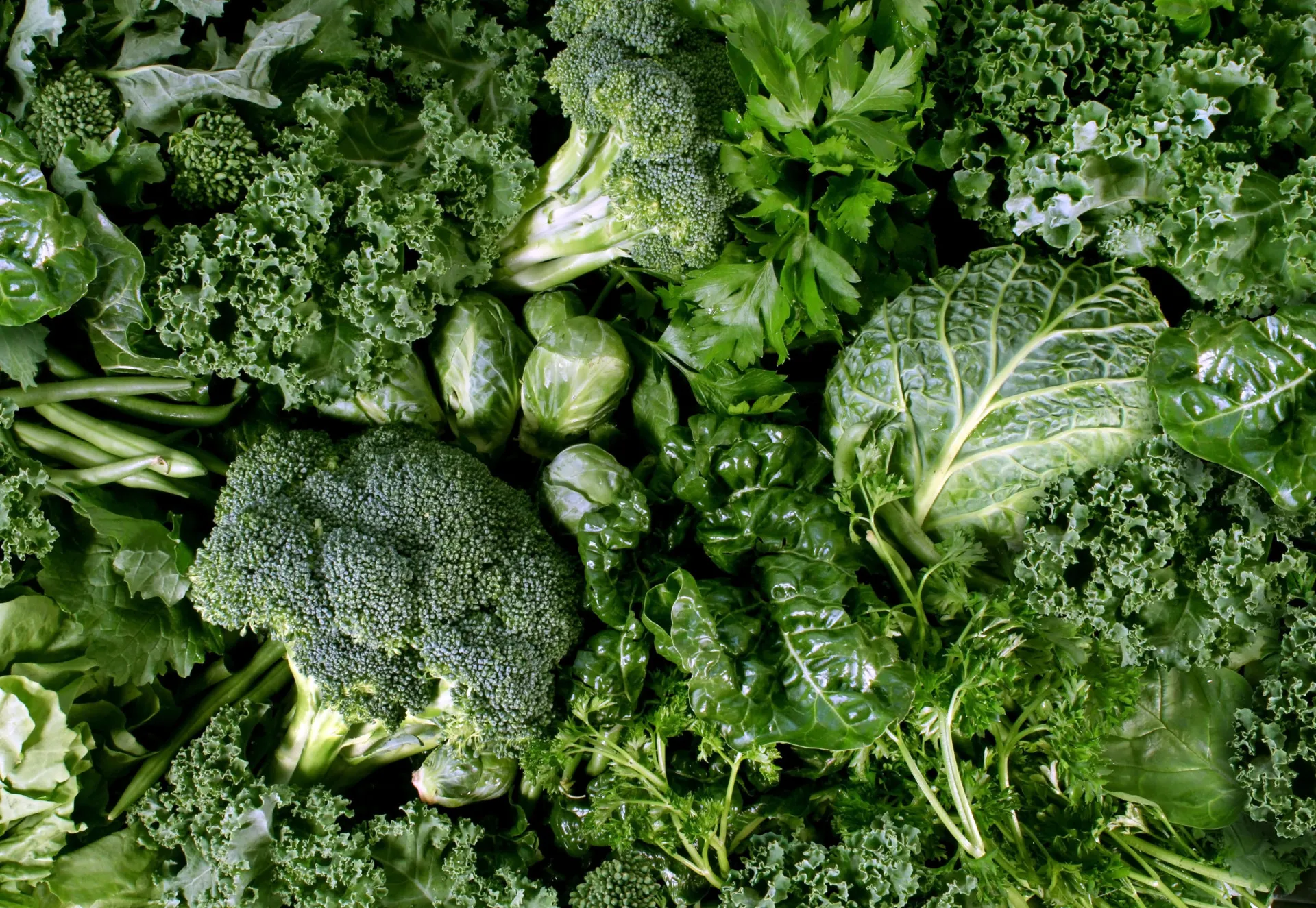 Uma variedade de folhas verdes frescas, como espinafre, couve e rúcula.