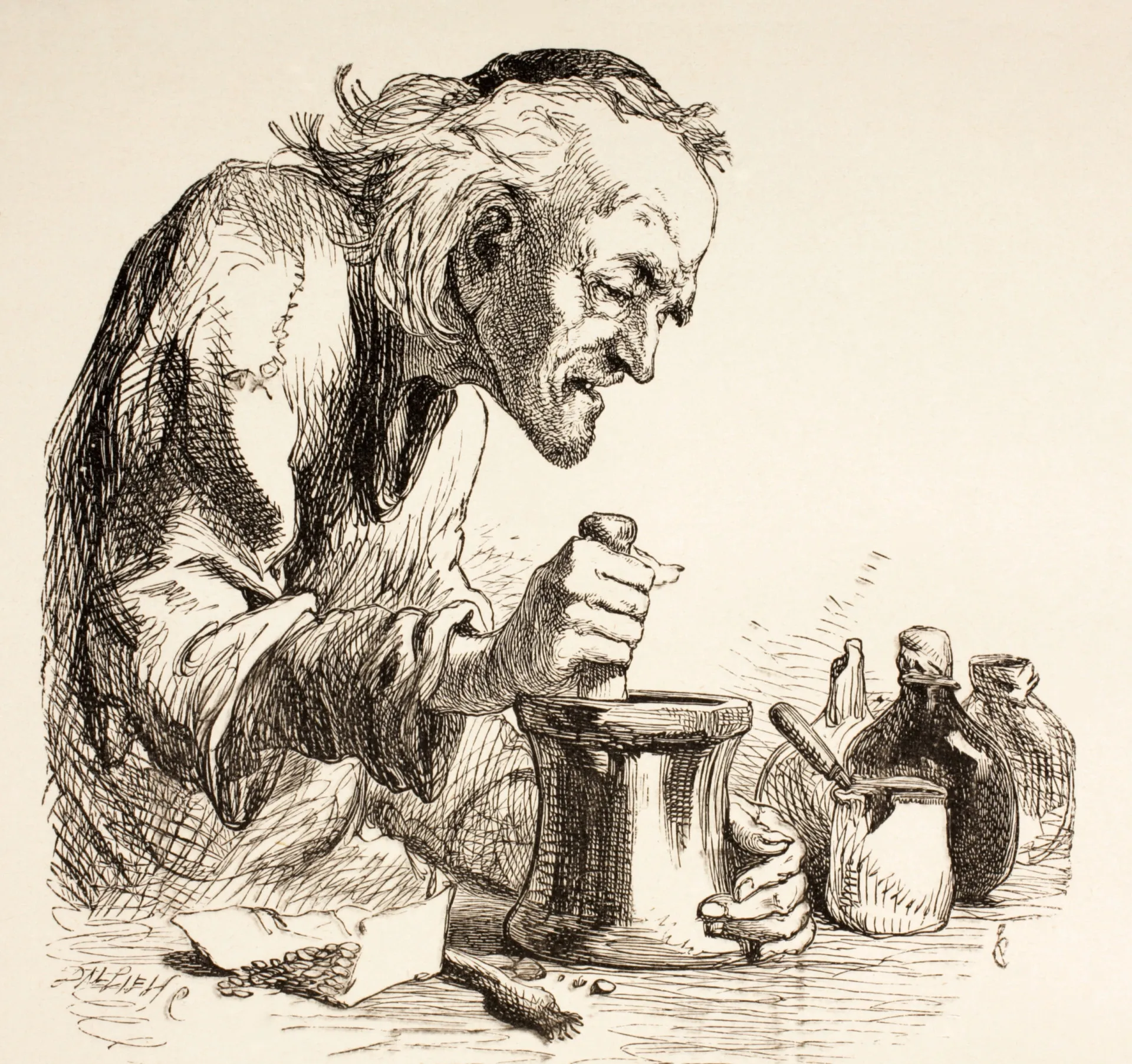 Ilustração medieval de pessoas preparando poções e remédios com ervas.
