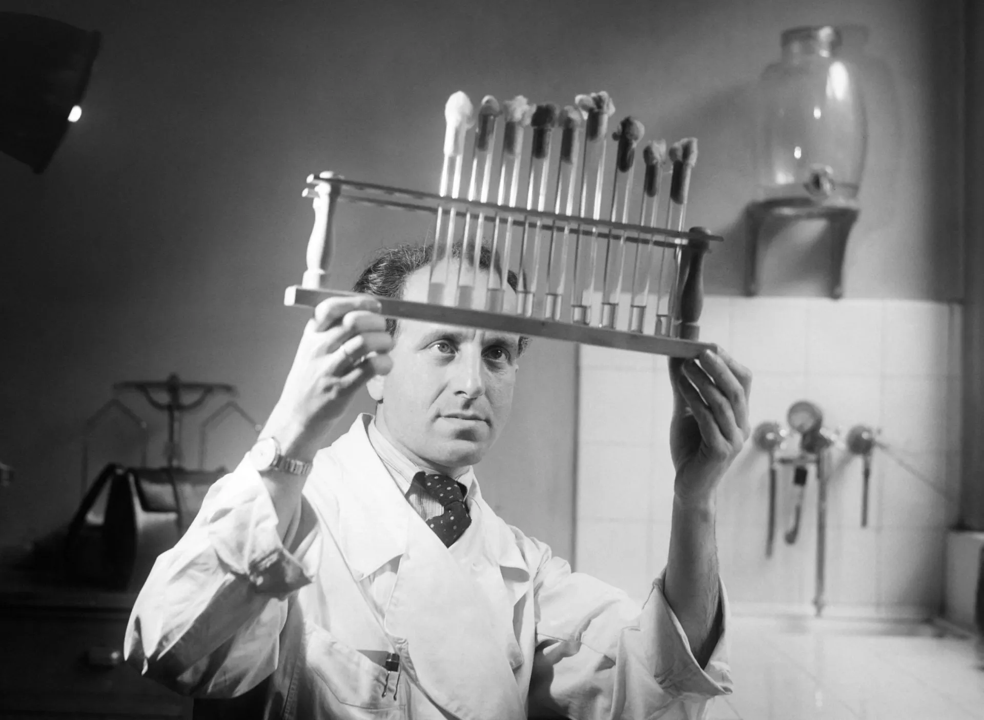 Uma linha de produção de antibióticos em uma fábrica farmacêutica dos anos 1950.