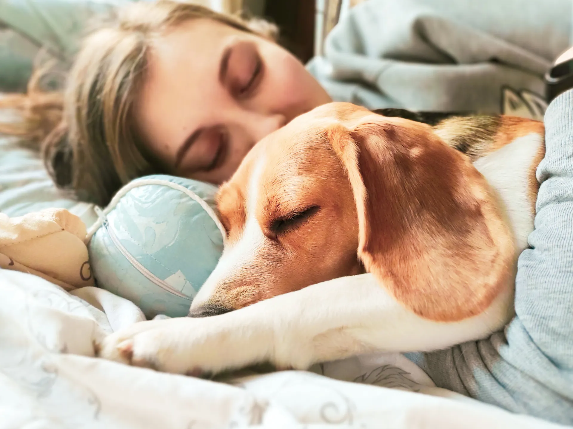 Mulher dormindo com a mão sobre seu cachorro, que também dorme ao seu lado.