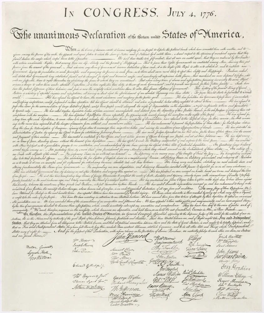 Detalhe do documento histórico da Declaração de Independência dos Estados Unidos.