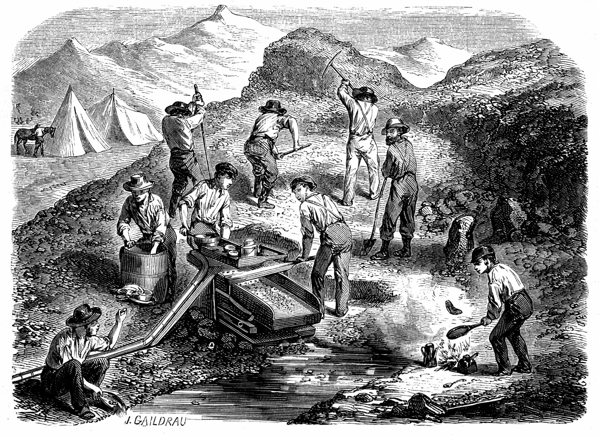 Garimpeiros durante a Corrida do Ouro na Califórnia, buscando fortuna.
