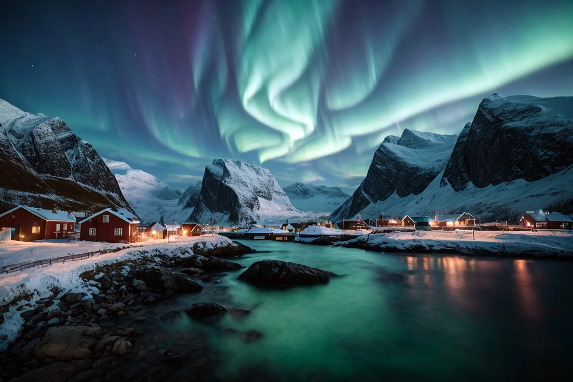 Paisagem de um fiorde na Noruega com montanhas e água.