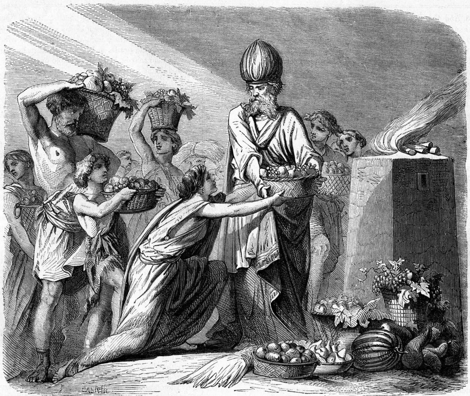 Uma pintura retratando uma cerimônia de oferenda dos primeiros frutos no Templo de Jerusalém.