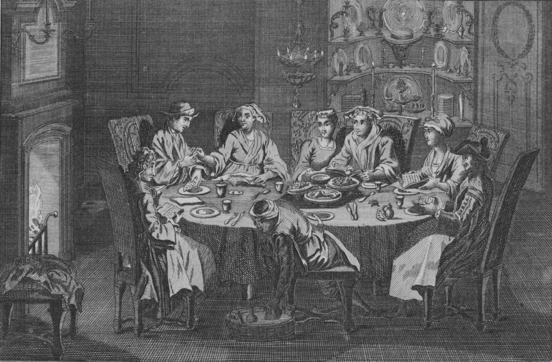 Uma família judaica celebrando o Tu B'Shvat com uma mesa cheia das Sete Espécies.