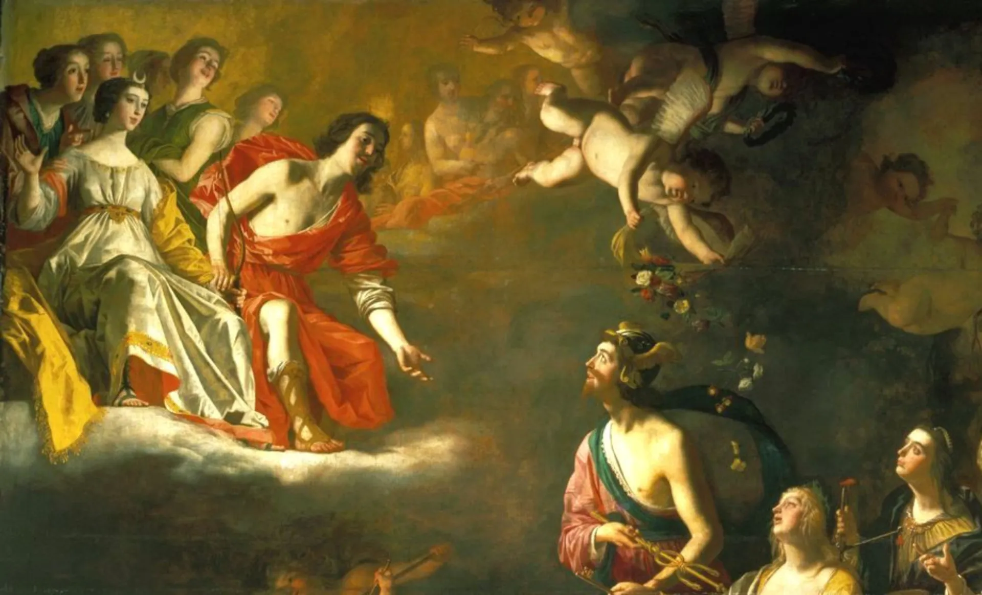 Pintura 'Apolo e Diana', mostrando Carlos I e George Villiers trocando olhares significativos.