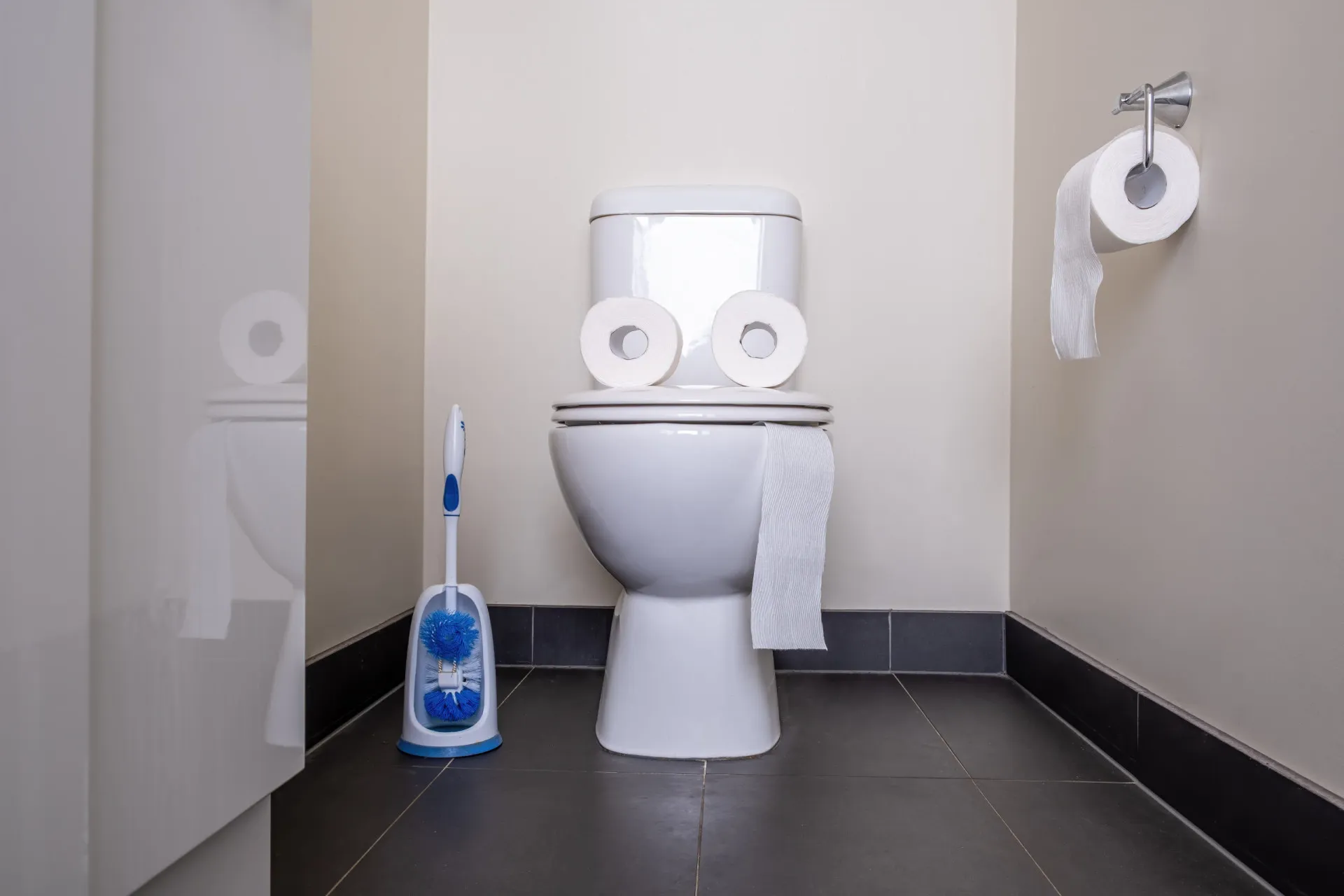 Um banheiro moderno e limpo, com foco no vaso sanitário, que muitas vezes recebe toda a atenção na limpeza.