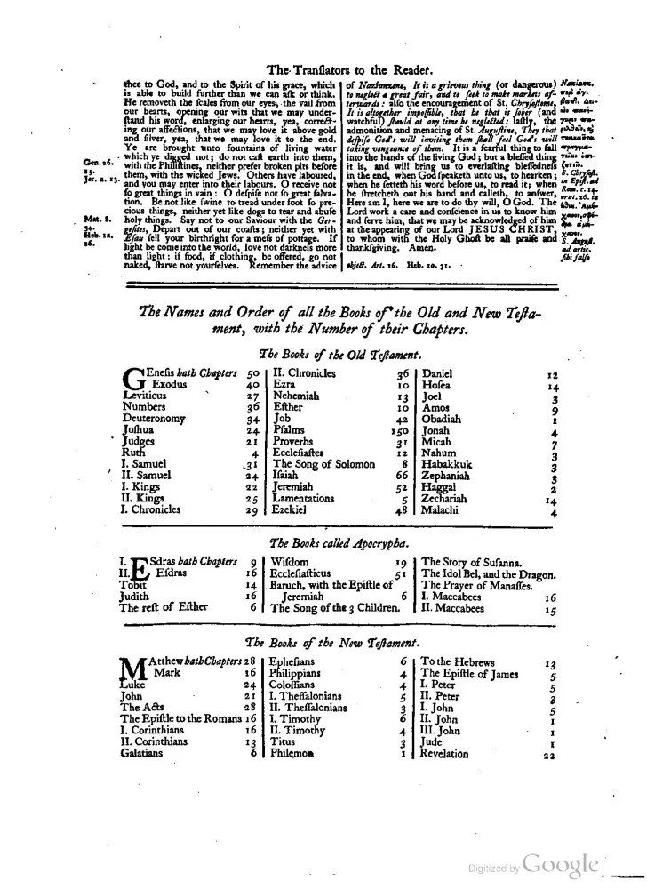 O índice de uma Bíblia do Rei Jaime de 1769, mostrando a lista do Antigo Testamento, Novo Testamento e 'Os Livros chamados Apócrifos'.