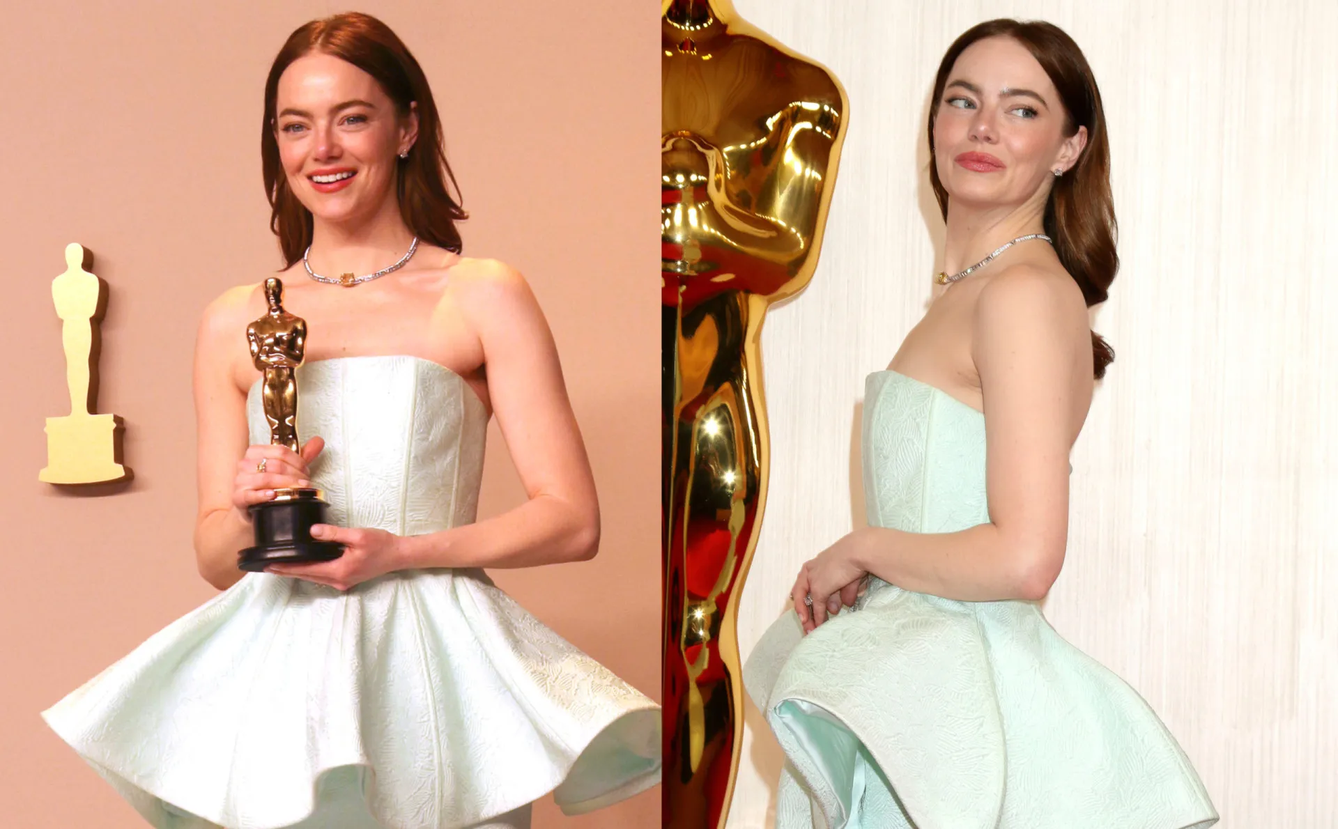 Emma Stone no palco do Oscar 2024, apontando para as costas de seu vestido verde-menta rasgado.