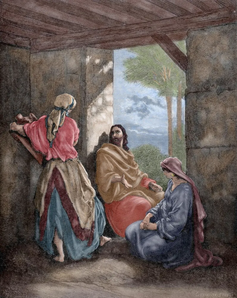 Duas mulheres, representando as irmãs de Jesus, em um cenário da Galileia antiga.