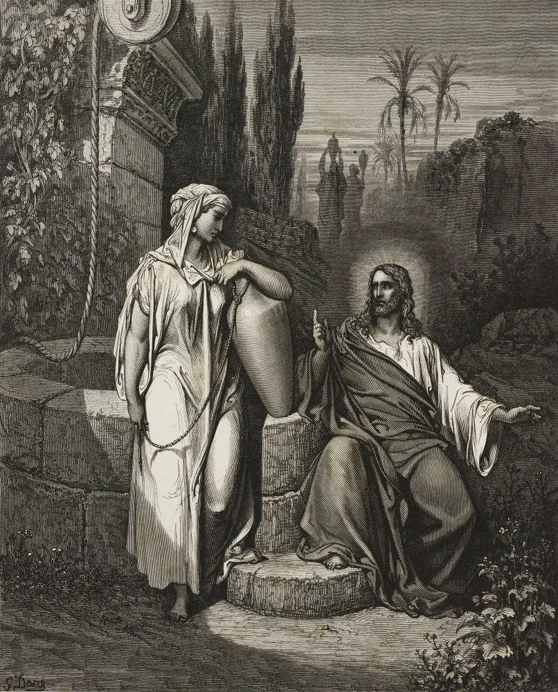 Jesus conversando com a mulher samaritana junto ao poço de Jacó.