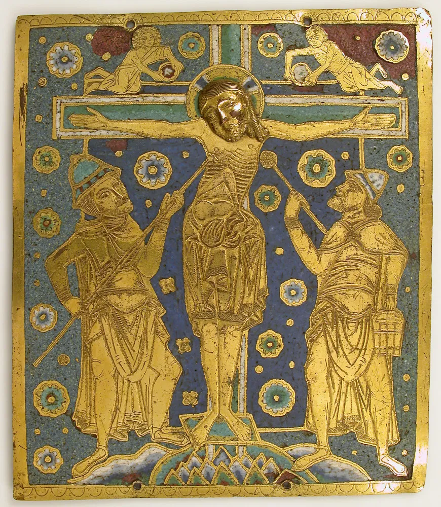 Close-up de um dos ladrões na cruz, olhando para Jesus com uma expressão de súplica.