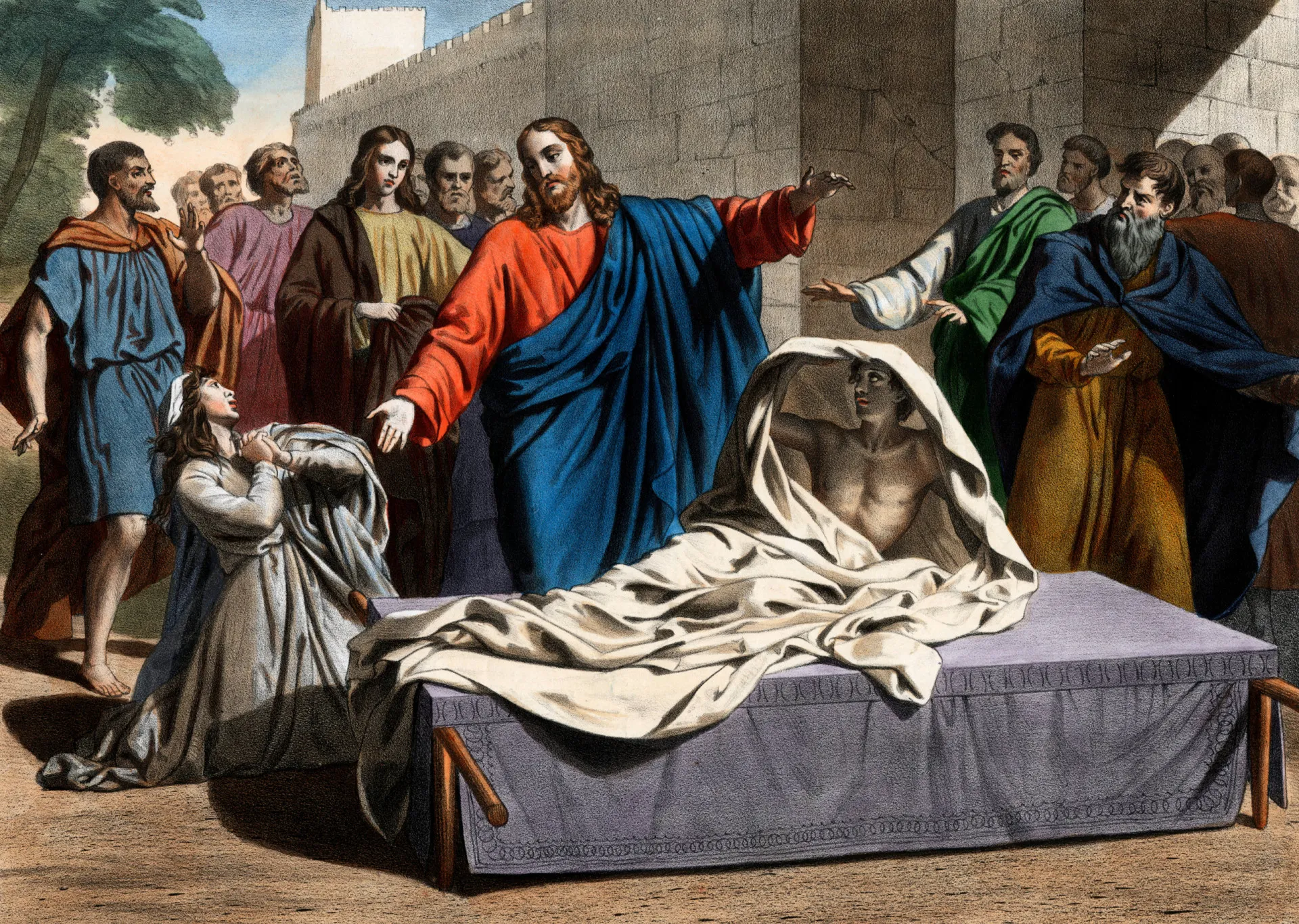Jesus tocando o caixão do filho da viúva de Naim, trazendo-o de volta à vida.