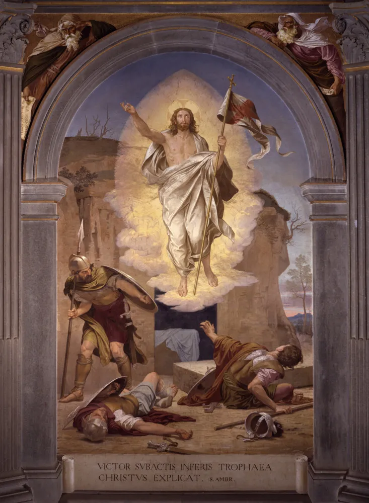Soldados romanos assustados, caídos no chão, enquanto um anjo desce sobre o túmulo de Jesus.
