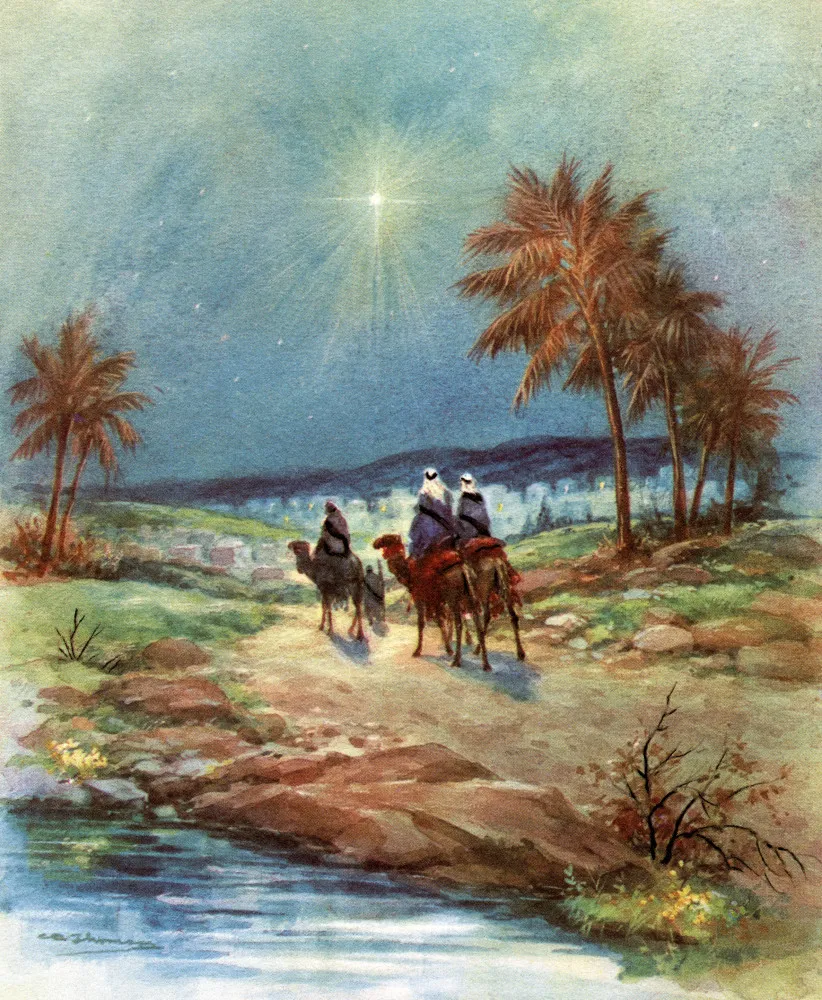 Os Três Reis Magos seguindo a estrela de Belém em seus camelos.