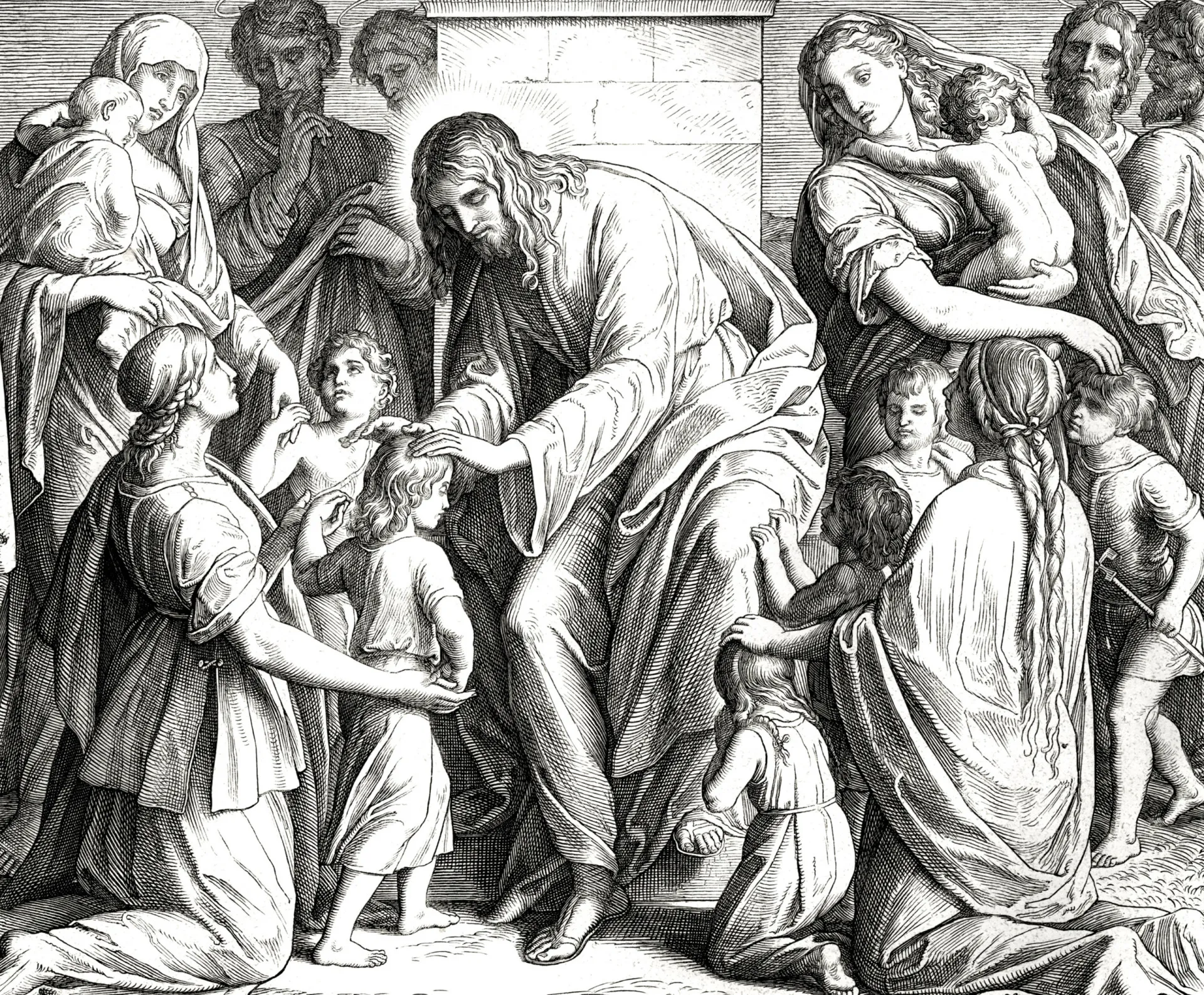 Jesus abraçando uma criança para ensinar uma lição aos seus discípulos.