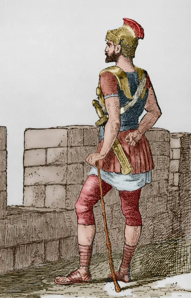 Um centurião romano dando ordens aos seus soldados em frente ao túmulo de Jesus.