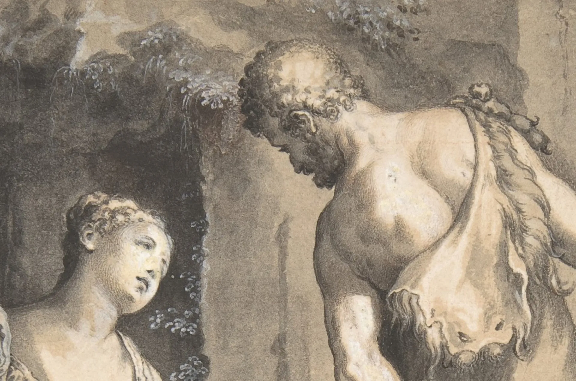 Representação artística de Caim e sua esposa, Awan, em um cenário primitivo.