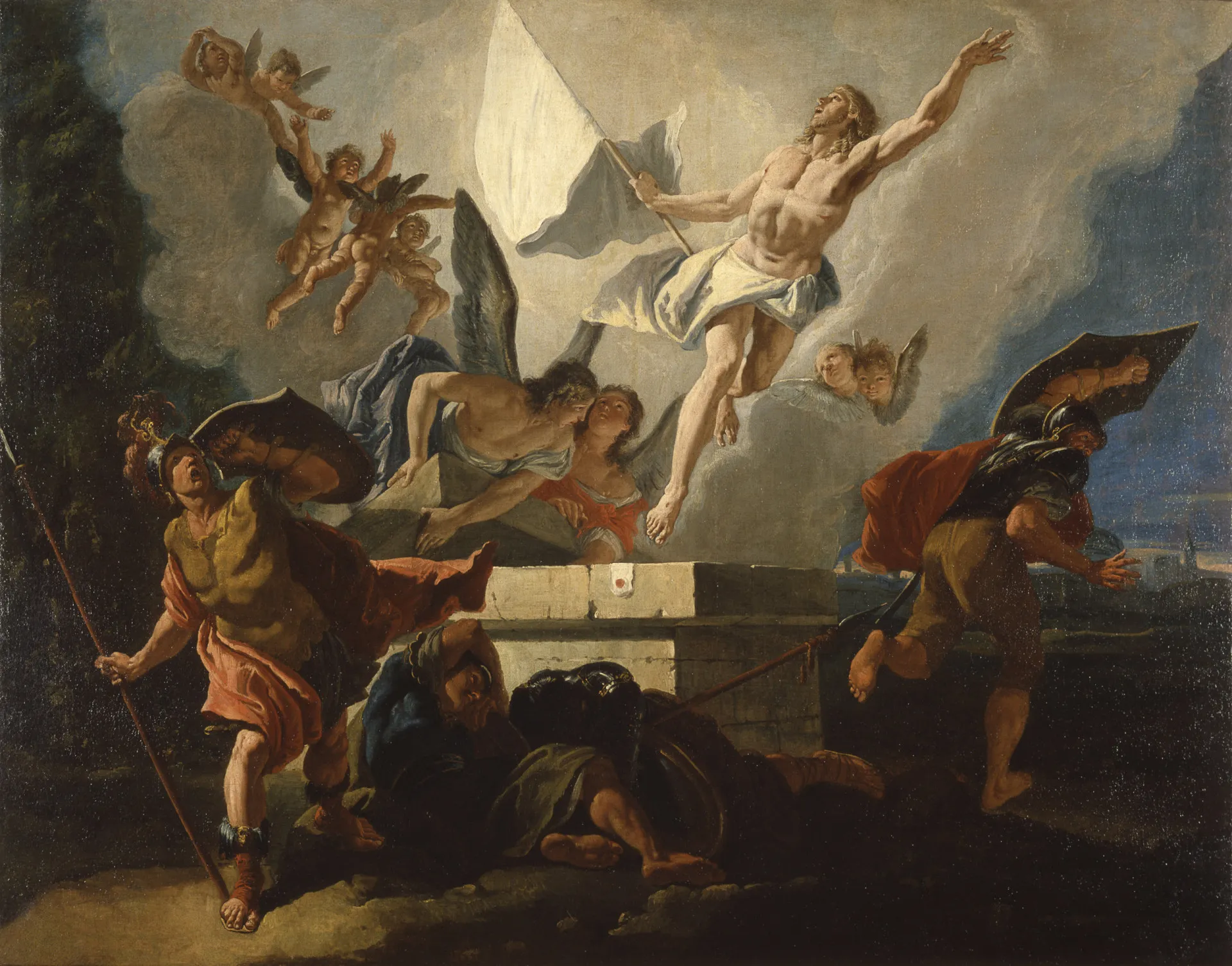 Vários soldados romanos fugindo em pânico do túmulo vazio de Jesus.