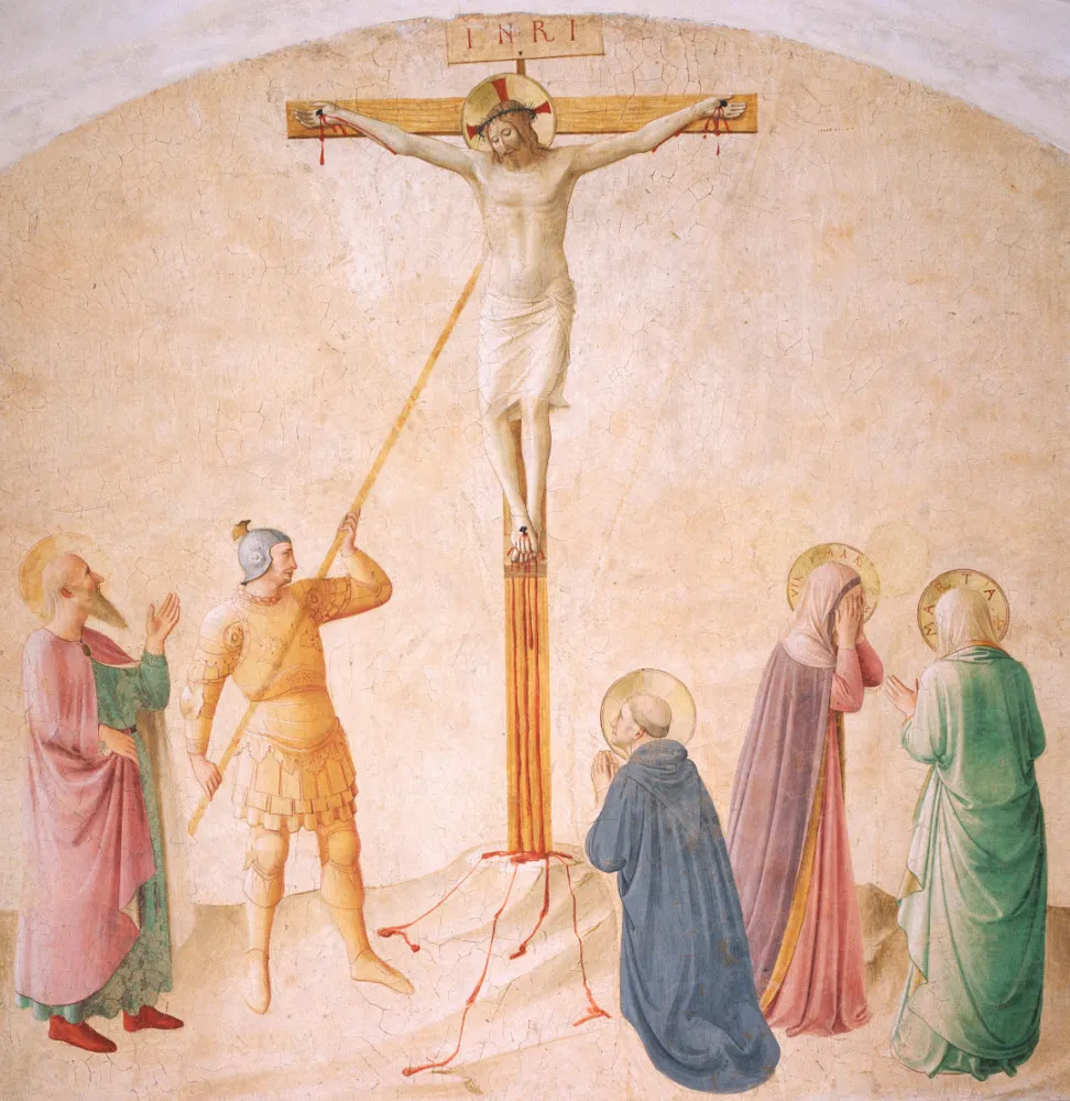 O soldado romano perfurando o lado de Jesus com uma lança para confirmar sua morte.