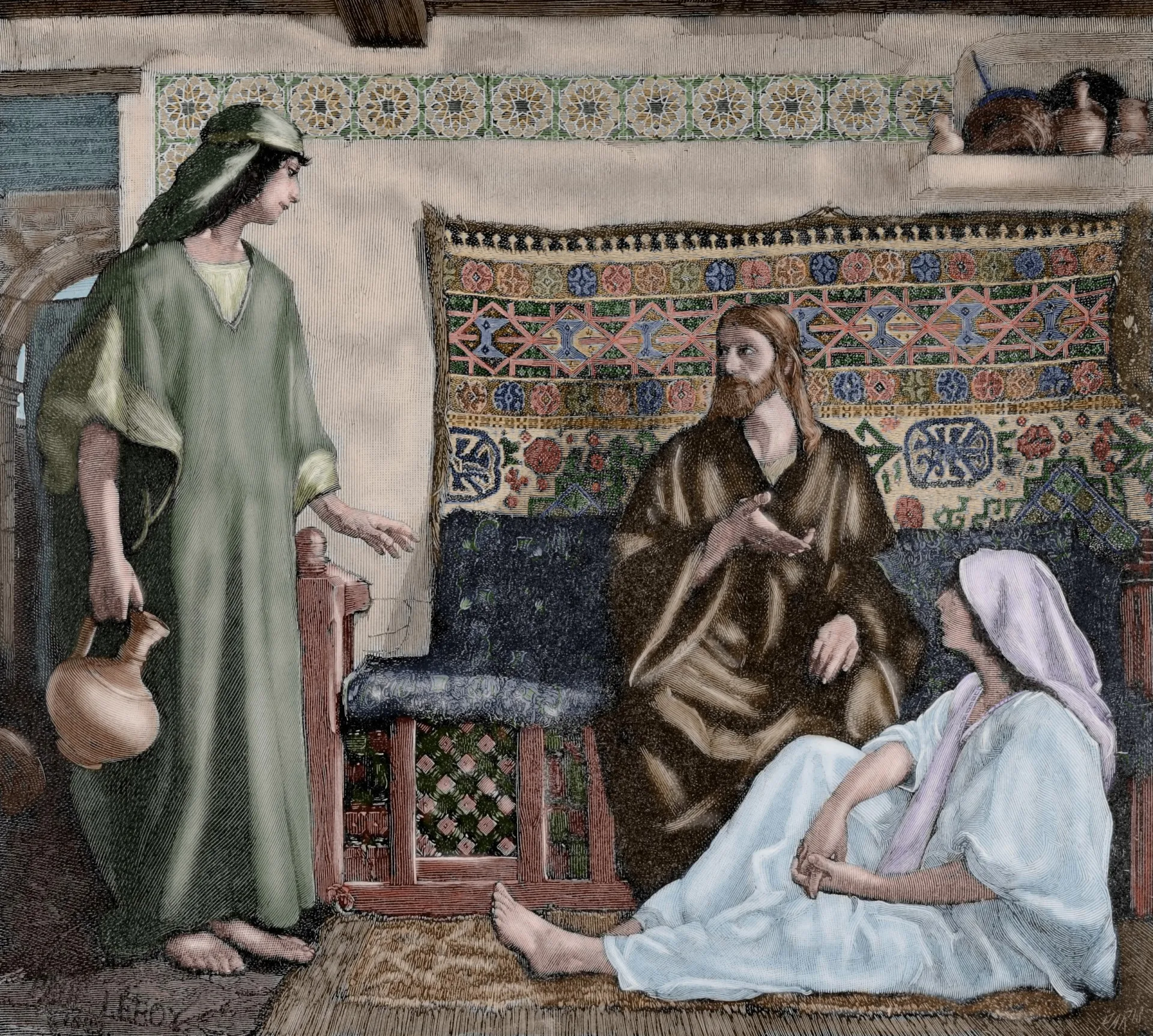 Uma representação da Sagrada Família, com o jovem Jesus, Maria, José e outras crianças ao redor.