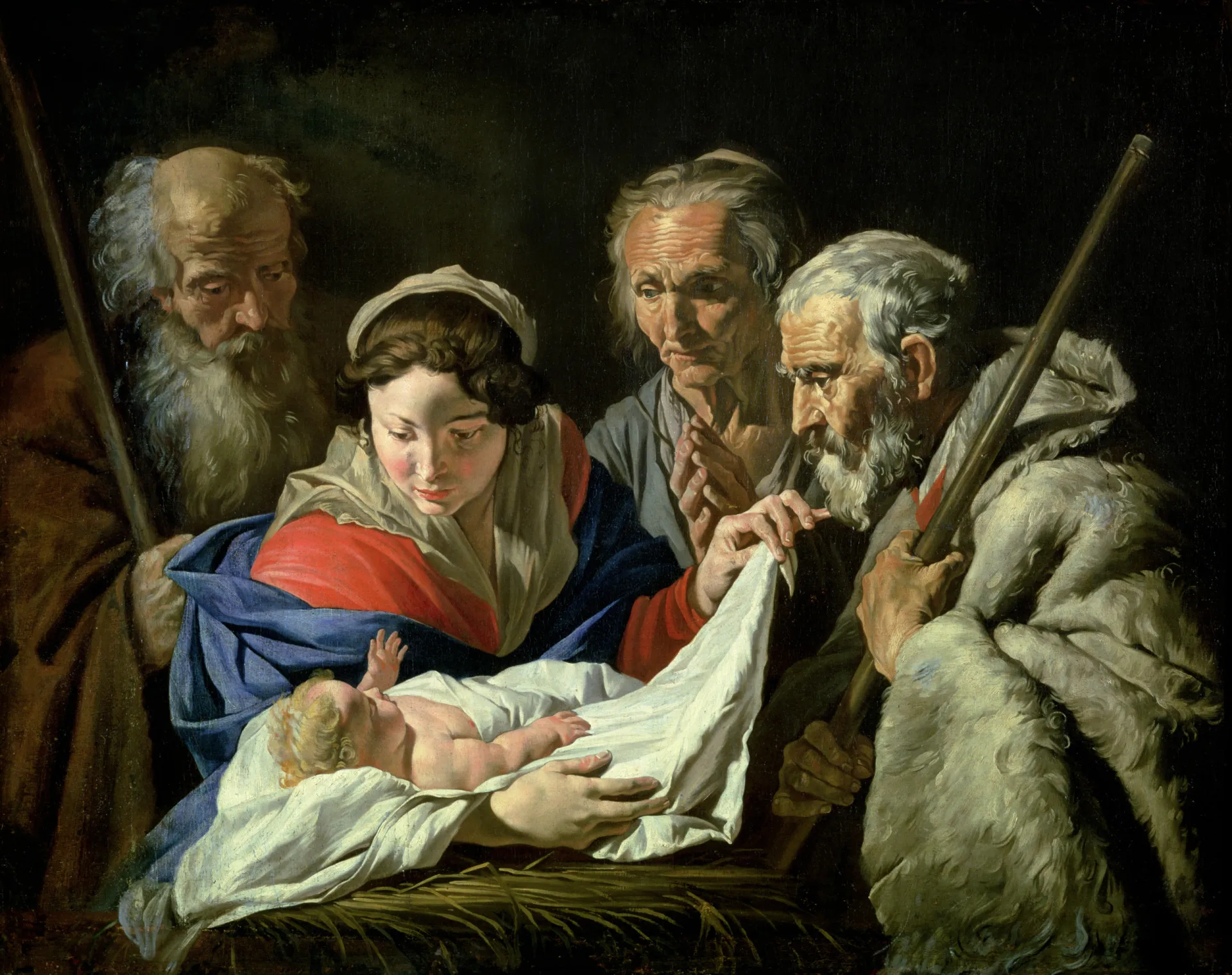 Pastores maravilhados ao verem o anjo que anuncia o nascimento de Jesus.