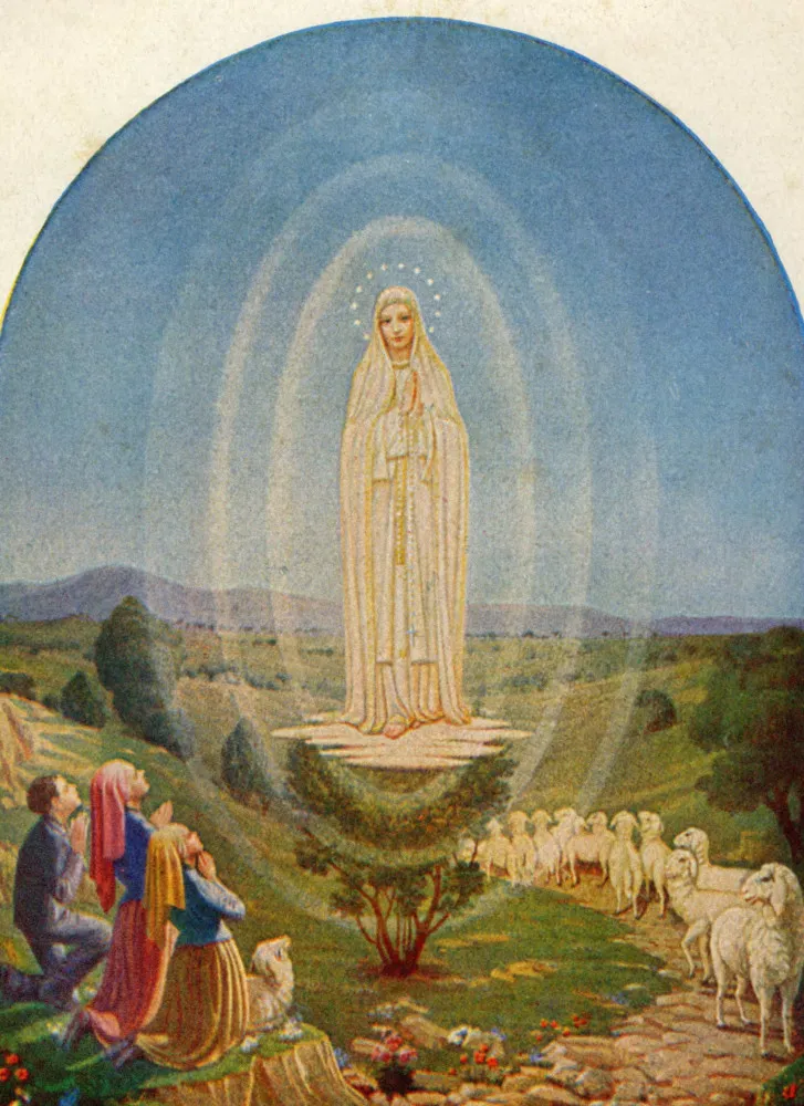 Ilustração colorida da Virgem Maria aparecendo para as crianças em Fátima.