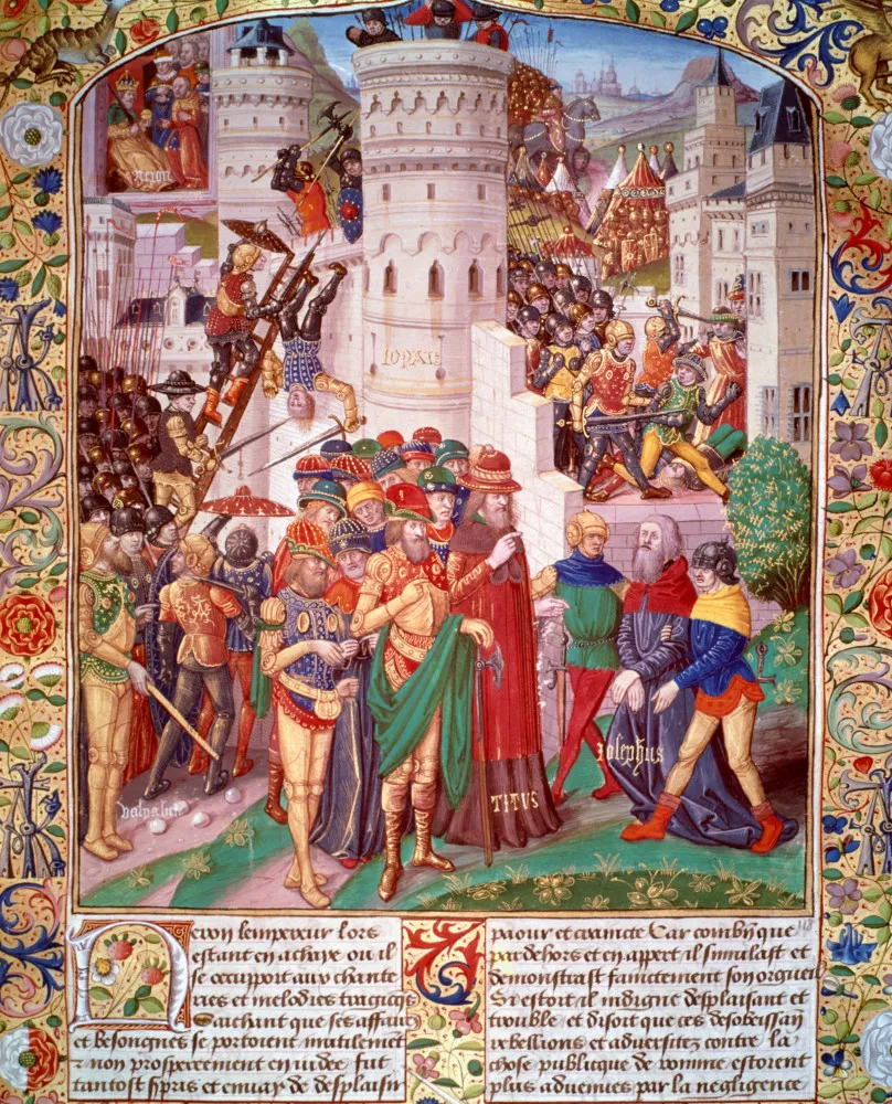 Pintura histórica mostrando a destruição de Jerusalém pelos soldados romanos.
