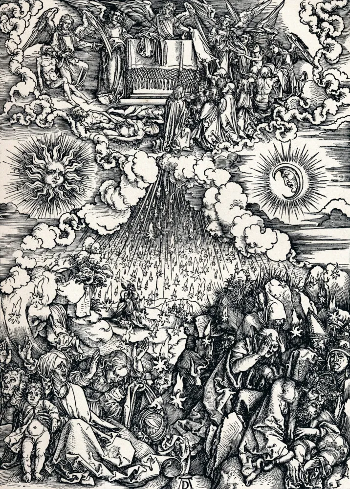 Pintura apocalíptica mostrando pessoas em desespero enquanto meteoros caem do céu.