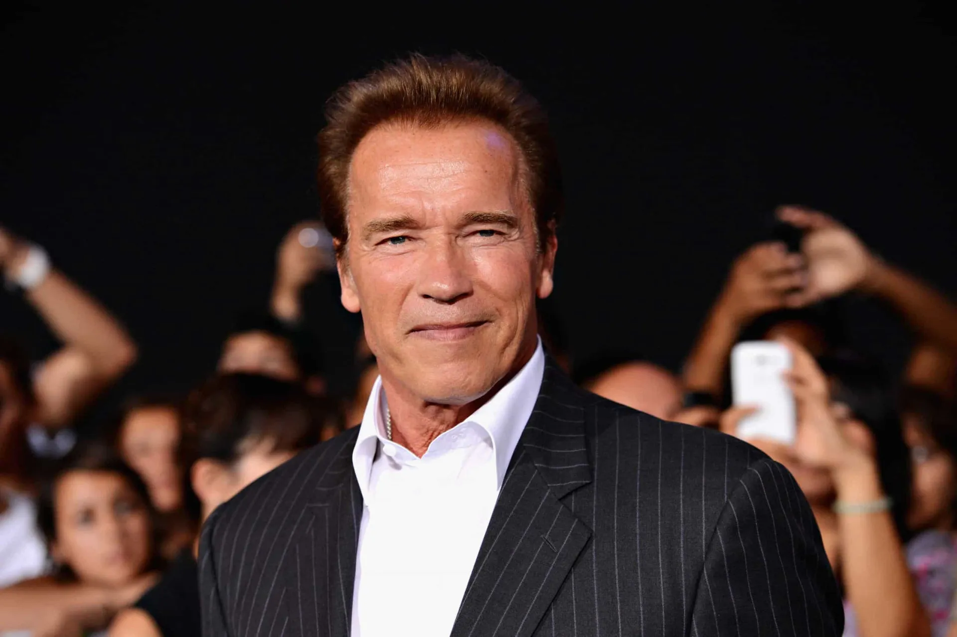 Arnold Schwarzenegger em pose clássica de fisiculturismo, mostrando seus músculos definidos.
