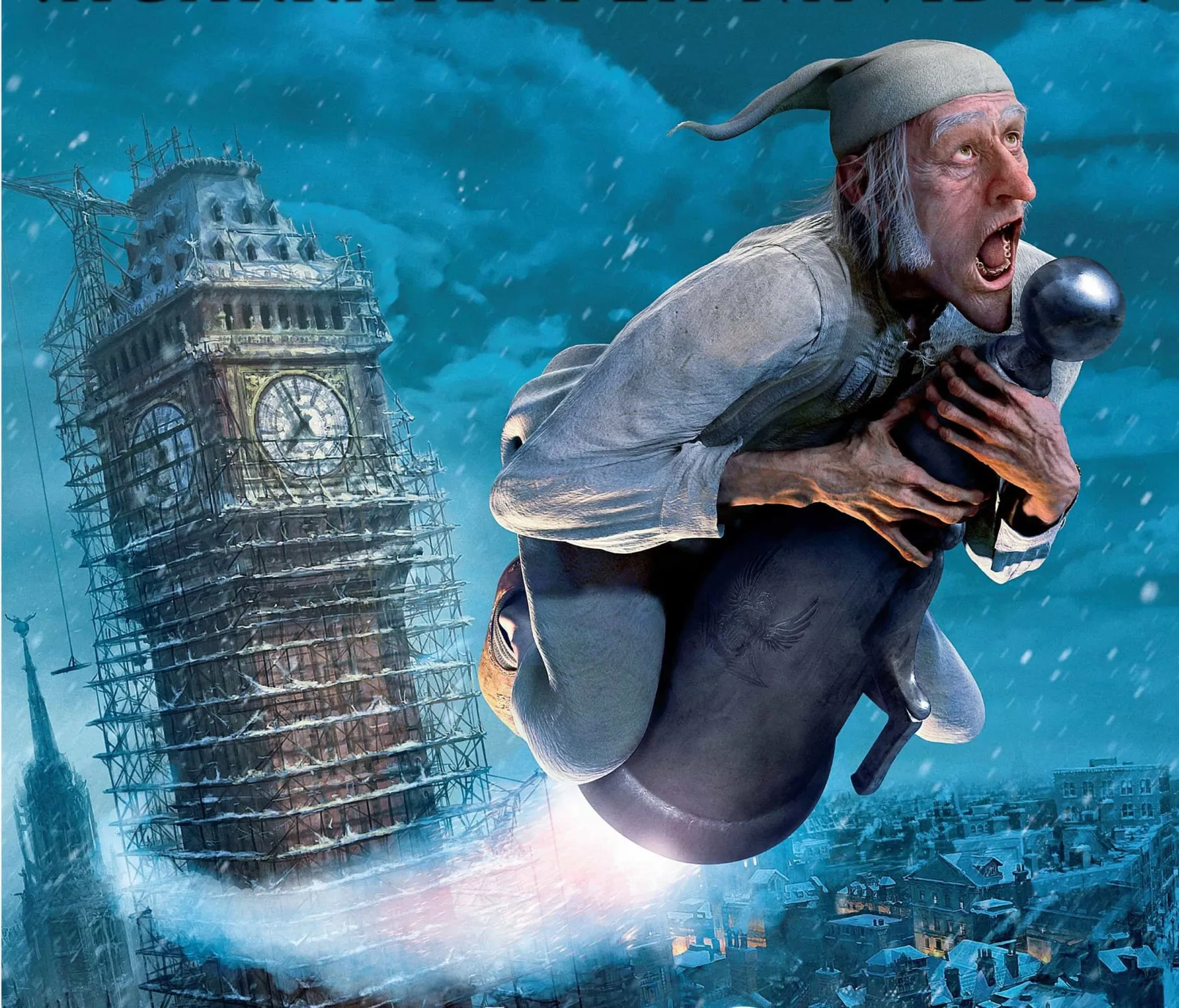 Cena do filme 'Os Fantasmas de Scrooge', com o personagem Ebenezer Scrooge vestindo trajes de dormir antigos, incluindo uma touca.
